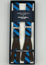 Albert Thurston for Cruciani & Bella Made in England Adjustable Sizing 25 mm elastic braces Light Bleu, Dark Bleu Stripes  Braid ends Y-Shaped Nickel  Fittings Size: XL