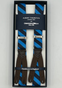 Albert Thurston for Cruciani & Bella Made in England Adjustable Sizing 25 mm elastic braces Light Bleu, Dark Bleu Stripes  Braid ends Y-Shaped Nickel  Fittings Size: XL