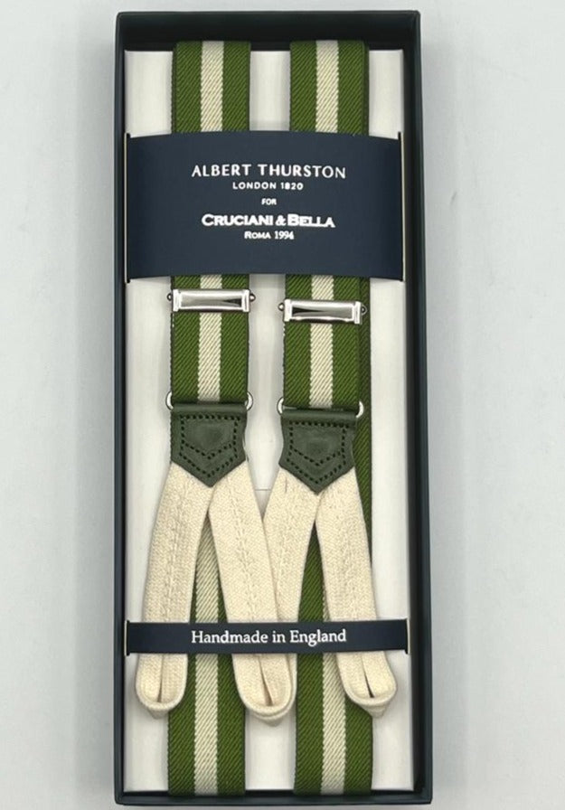 Albert Thurston for Cruciani & Bella Made in England Adjustable Sizing 25 mm elastic braces Light Green, Off White Braid ends Y-Shaped Nickel Fittings Size: XL