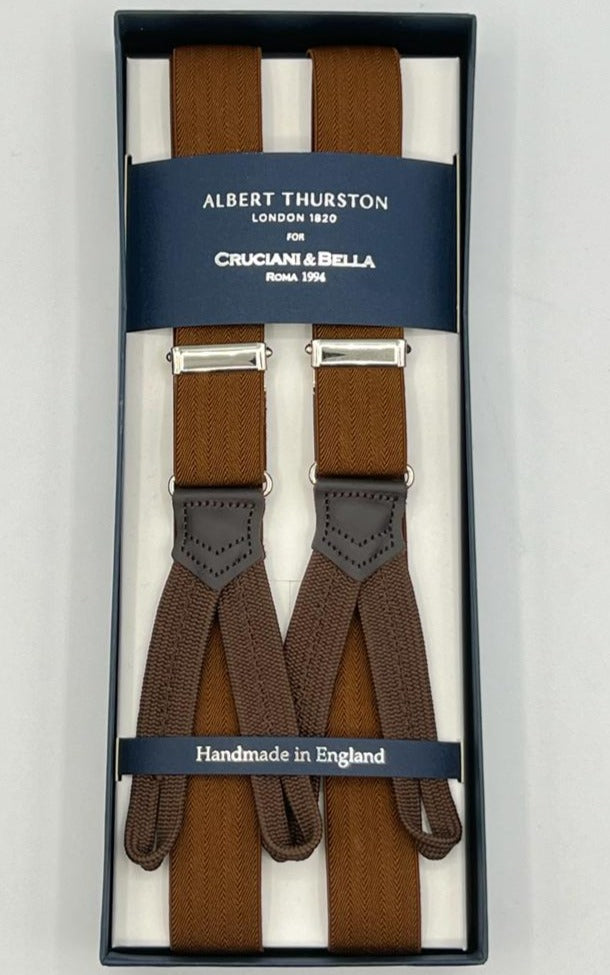 Albert Thurston for Cruciani & Bella Made in England Adjustable Sizing 25 mm elastic braces Mustard Harringbone Braid ends Y-Shaped Nickel Fittings Size: XL