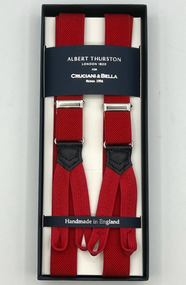 Albert Thurston for Cruciani & Bella Made in England Adjustable Sizing 25 mm elastic braces Red Harringbone Braid ends Y-Shaped Nickel Fittings Size: XL