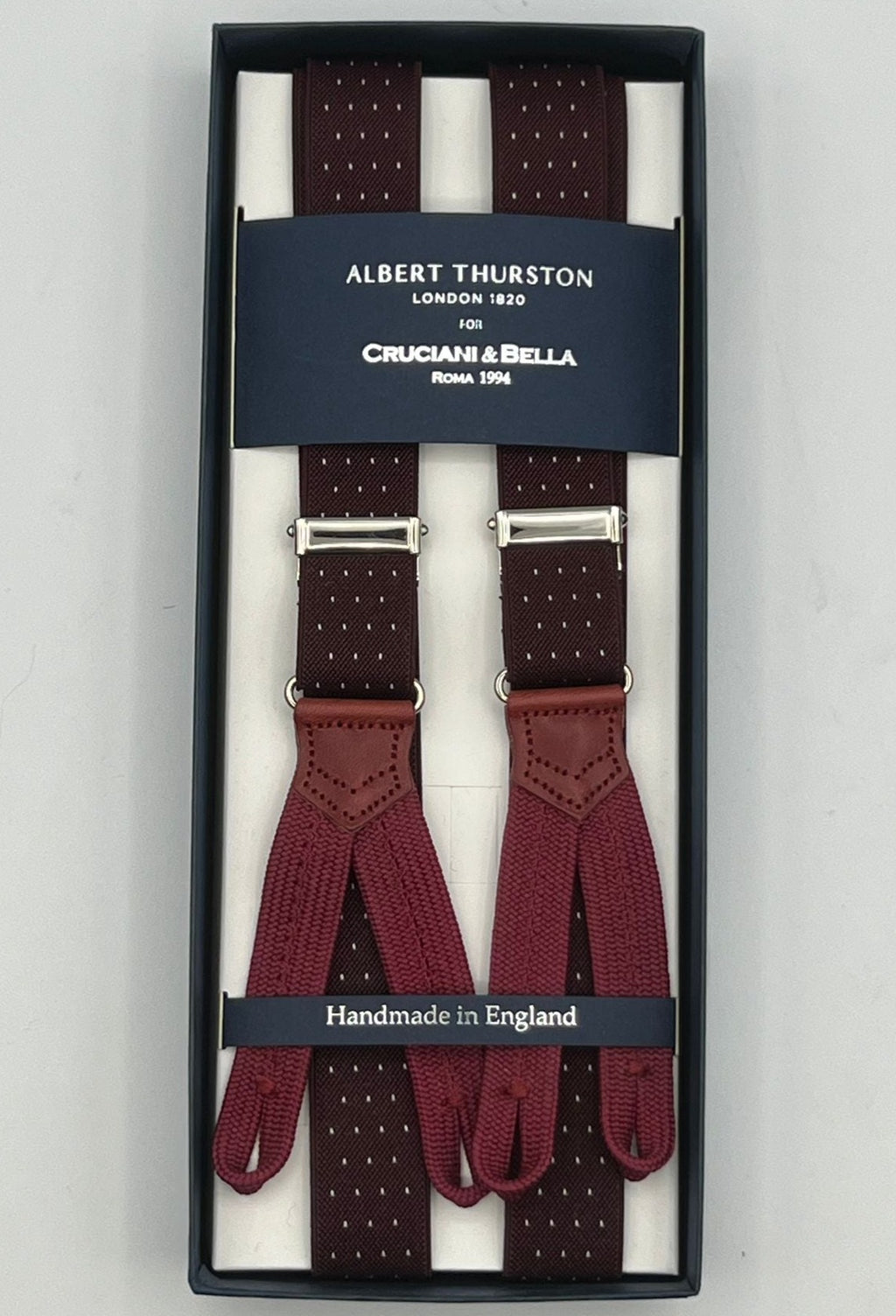 Albert Thurston for Cruciani & Bella Made in England Adjustable Sizing 25 mm elastic braces Red Wine and White  Dots Braid ends Y-Shaped Nickel Fittings Size: L