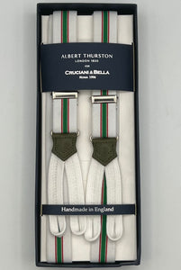 Albert Thurston for Cruciani & Bella Made in England Adjustable Sizing 25 mm elastic braces White, Green and Red Stripes Braid ends Y-Shaped Nickel Fittings Size: L