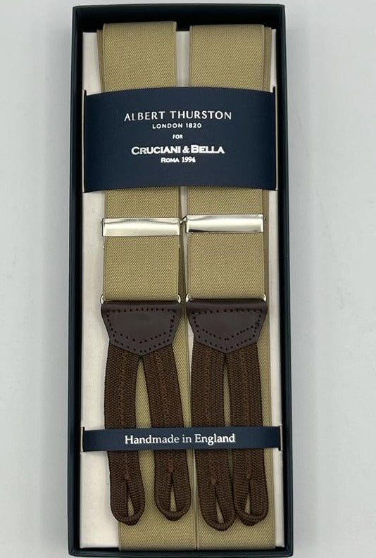 Albert Thurston for Cruciani & Bella Made in England Adjustable Sizing 35 mm Elastic Braces Beige plain Braid ends Y-Shaped Nickel Fittings Size: XL