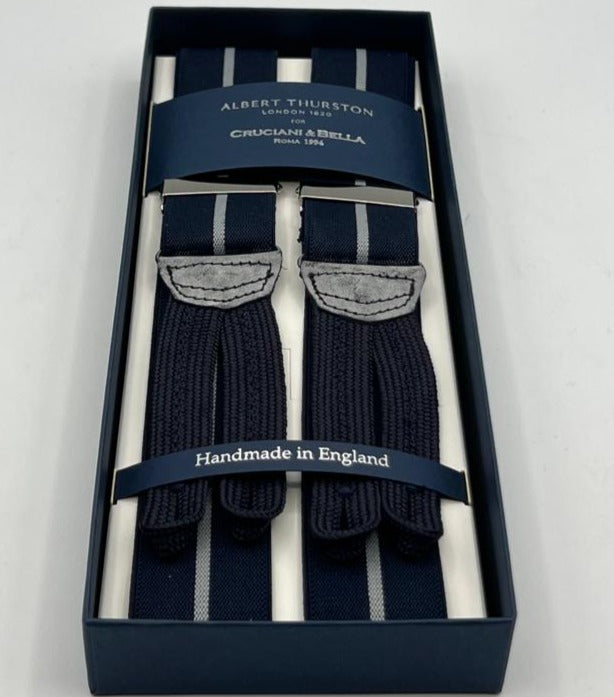Albert Thurston for Cruciani & Bella Made in England Adjustable Sizing 35 mm Elastic Braces Blue, Grey Stripes Braid ends Y-Shaped Nickel Fittings Size: XL