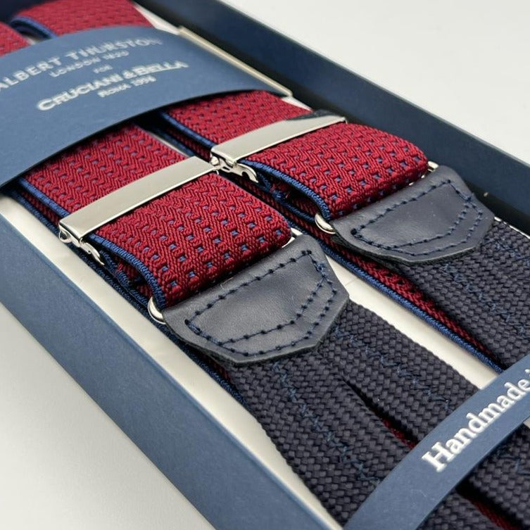 Albert Thurston for Cruciani & Bella Made in England Adjustable Sizing 35 mm Elastic Braces Red, Blue Pin Point Braces Braid ends Y-Shaped Nickel Fittings Size: XL