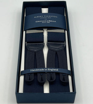Albert Thurston for Cruciani & Bella Made in England Adjustable Sizing 35 mm Elastic Braces Dark Blue Braces Braid ends Y-Shaped Nickel Fittings Size: L