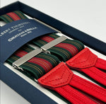 Albert Thurston for Cruciani & Bella Made in England Adjustable Sizing 35 mm Elastic Braces Grenn, Red and Yellow Stripes Braces Braid ends Y-Shaped Nickel Fittings Size: L