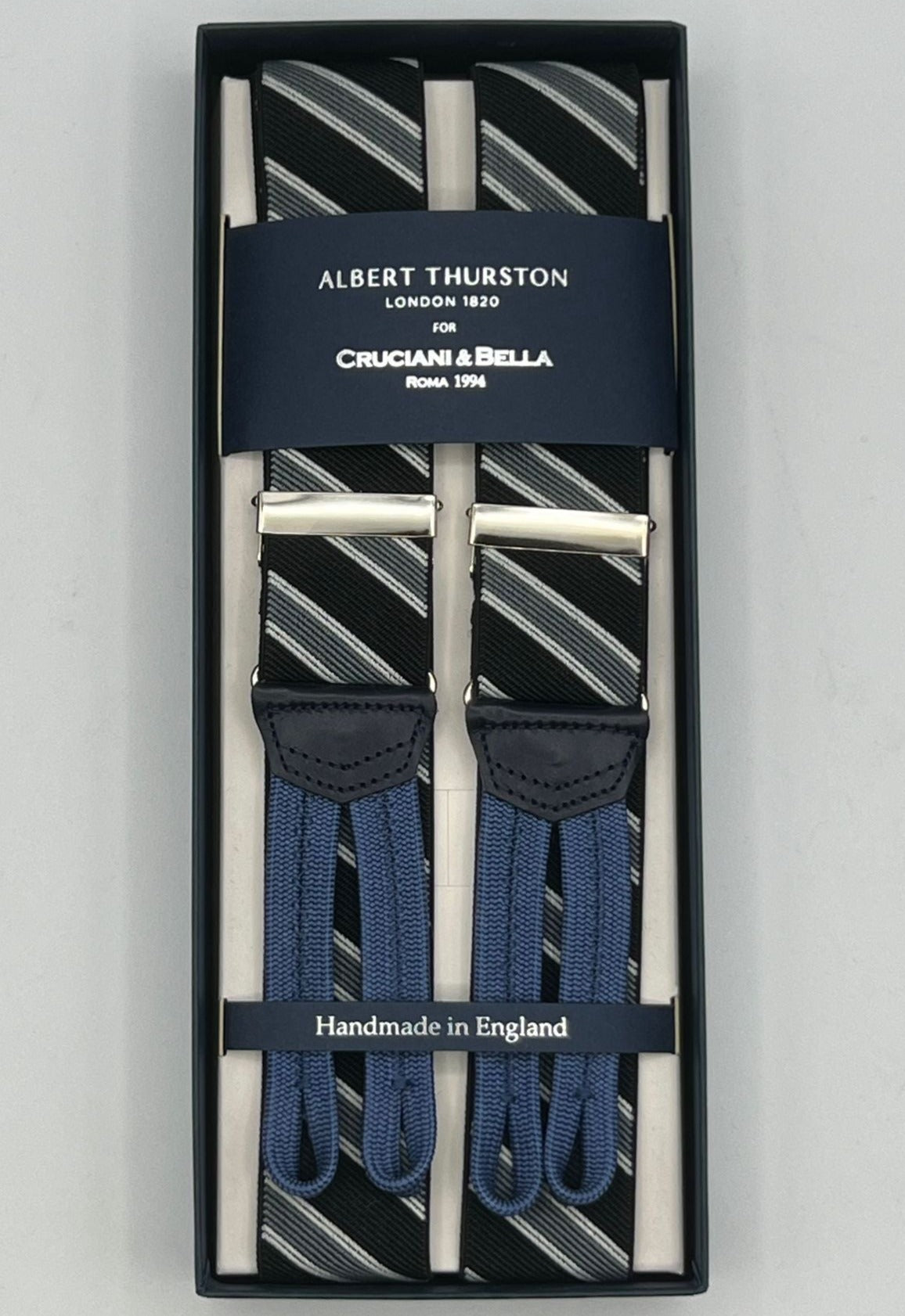 Albert Thurston for Cruciani & Bella Made in England Adjustable Sizing 35 mm elastic  braces Black and Grey Stripes braces Braid ends Y-Shaped Nickel Fittings Size: L
