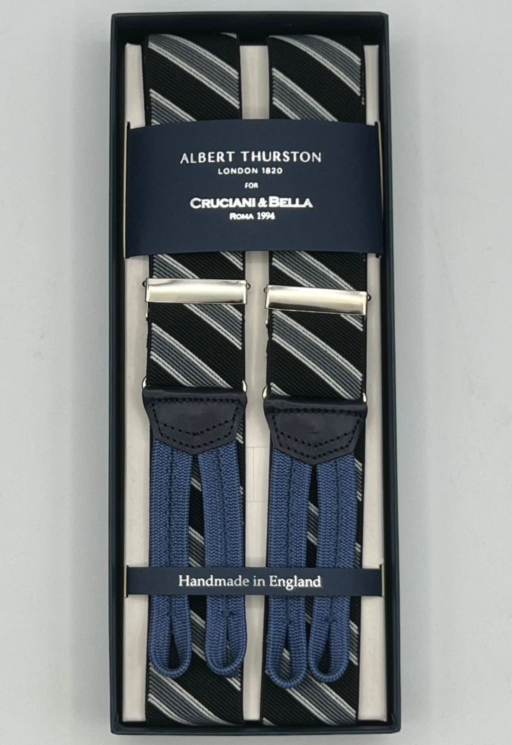Albert Thurston for Cruciani & Bella Made in England Adjustable Sizing 35 mm elastic  braces Black and Grey Stripes braces Braid ends Y-Shaped Nickel Fittings Size: L