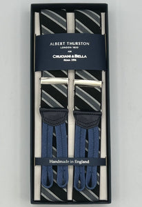 Albert Thurston for Cruciani & Bella Made in England Adjustable Sizing 35 mm elastic  braces Black and Grey Stripes braces Braid ends Y-Shaped Nickel Fittings Size: L