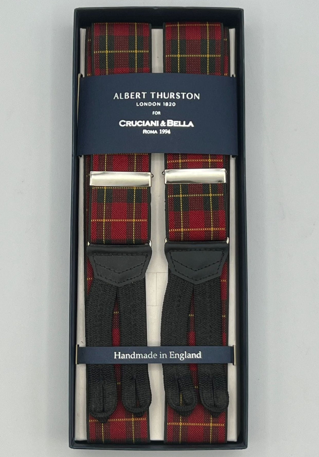 Albert Thurston for Cruciani & Bella Made in England Adjustable Sizing 35 mm elastic  braces Light Red Tartan Braid ends Y-Shaped Nickel Fittings Size: L