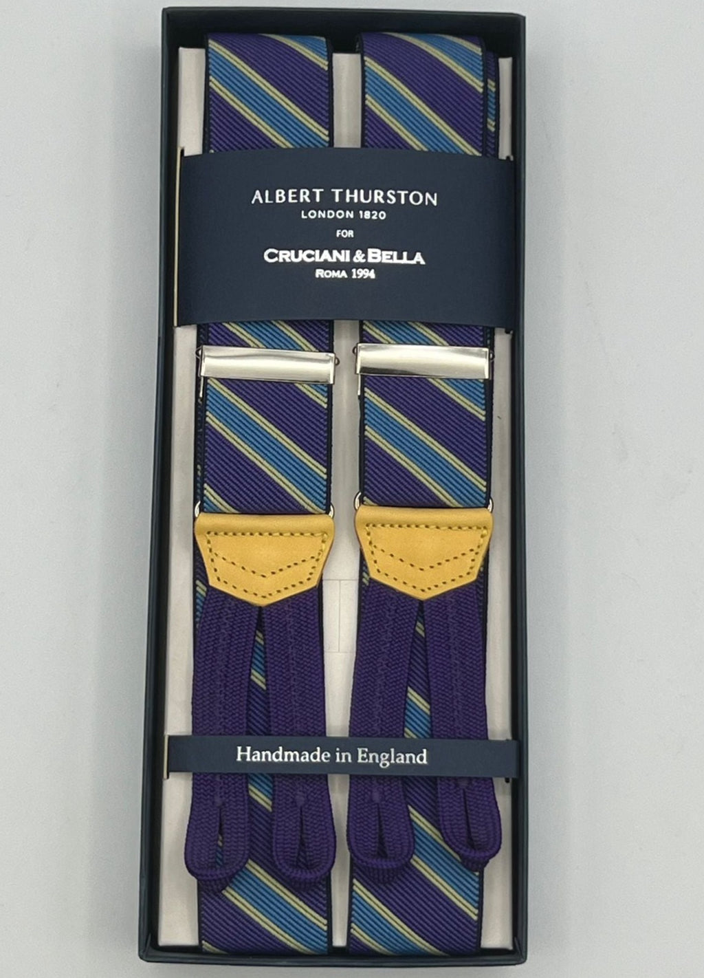 Albert Thurston for Cruciani & Bella Made in England Adjustable Sizing 35 mm elastic  braces Purple, Sky Blue and Yellow Stripes braces Braid ends Y-Shaped Nickel Fittings Size: L