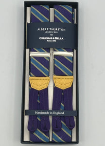 Albert Thurston for Cruciani & Bella Made in England Adjustable Sizing 35 mm elastic  braces Purple, Sky Blue and Yellow Stripes braces Braid ends Y-Shaped Nickel Fittings Size: L