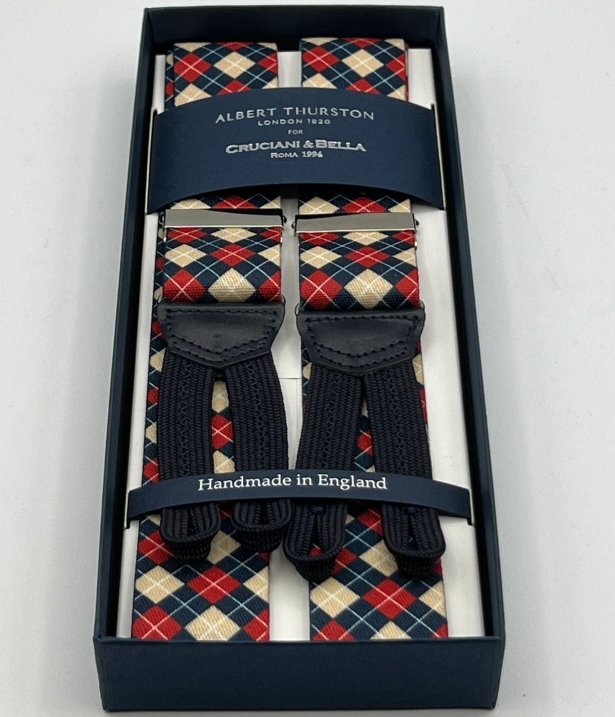 Albert Thurston for Cruciani & Bella Made in England Adjustable Sizing 35 mm Elastic Braces Red, Blue and Ecru Motiif Braid ends Y-Shaped Nickel Fittings Size: L