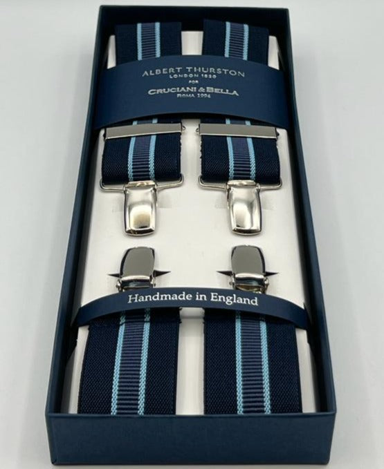 Albert Thurston for Cruciani & Bella Made in England Clip on Adjustable Sizing 35 mm elastic braces Blue, Light Blue Stripes X-Shaped Nickel Fittings Size: XL