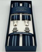 Albert Thurston for Cruciani & Bella Made in England Clip on Adjustable Sizing 35 mm elastic braces Blue, Light Blue Stripes X-Shaped Nickel Fittings Size: XL