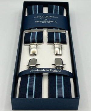 Albert Thurston for Cruciani & Bella Made in England Clip on Adjustable Sizing 35 mm elastic braces Blue, Light Blue Stripes X-Shaped Nickel Fittings Size: XL