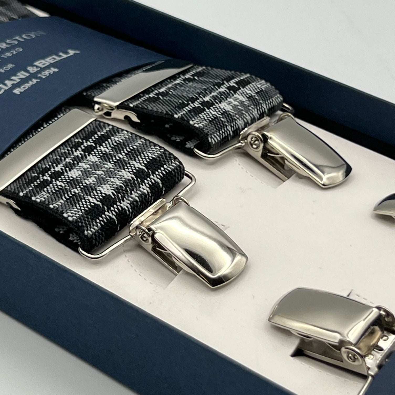 Albert Thurston - Elastic Clip-on-Braces  - 35 mm - Grey, Black and White Tartan #7355