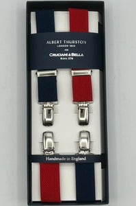 Albert Thurston for Cruciani & Bella Made in England Clip on Adjustable Sizing 25 mm elastic braces Blue and Red Exclusive X-Shaped Nickel Fittings Size: XL