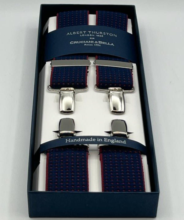Albert Thurston for Cruciani & Bella Made in England Clip on Adjustable Sizing 35 mm elastic braces Blue, Rust Dots X-Shaped Nickel Fittings Size: XL