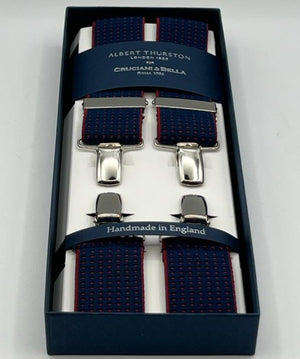 Albert Thurston for Cruciani & Bella Made in England Clip on Adjustable Sizing 35 mm elastic braces Blue, Rust Dots X-Shaped Nickel Fittings Size: XL