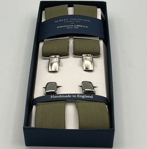 Albert Thurston for Cruciani & Bella Made in England Clip on Adjustable Sizing 35 mm elastic braces Military Green  X-Shaped Nickel Fittings Size: L