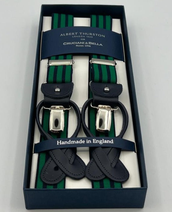 Albert Thurston for Cruciani & Bella Made in England 2 in 1 Adjustable Sizing 25 mm elastic braces Blue, Green Stripes Y-Shaped Nickel Fittings Size XL