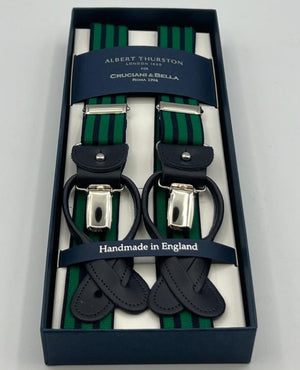 Albert Thurston for Cruciani & Bella Made in England 2 in 1 Adjustable Sizing 25 mm elastic braces Blue, Green Stripes Y-Shaped Nickel Fittings Size XL