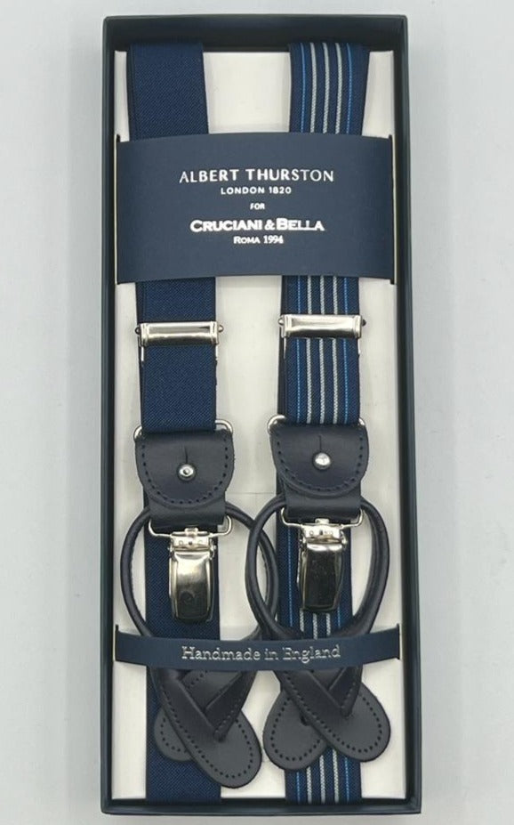 Albert Thurston for Cruciani & Bella Made in England 2 in 1 Adjustable Sizing 25 mm elastic braces Blue, Light Blue and Grey Multicolor Fancy Stripes Y-Shaped Nickel Fittings Size XL