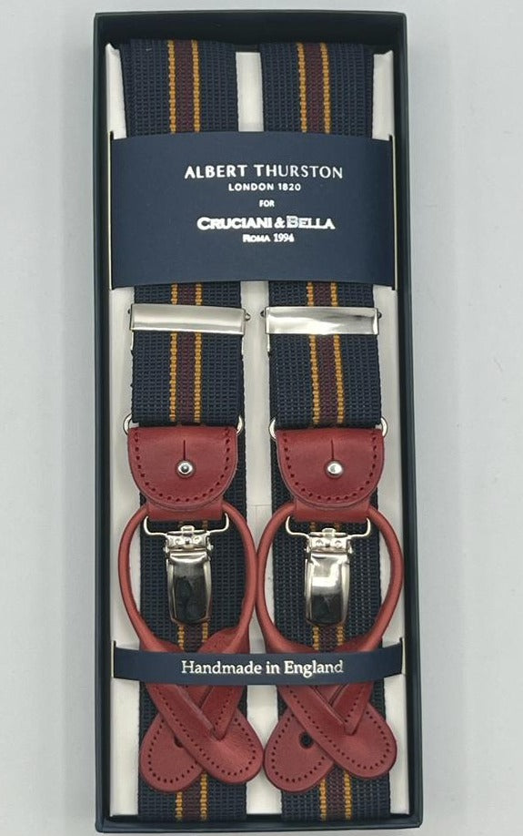 Albert Thurston -Elastic braces - 2 in 1 - 35 mm - Blue, Ocra and Red Wine Stripes #8384