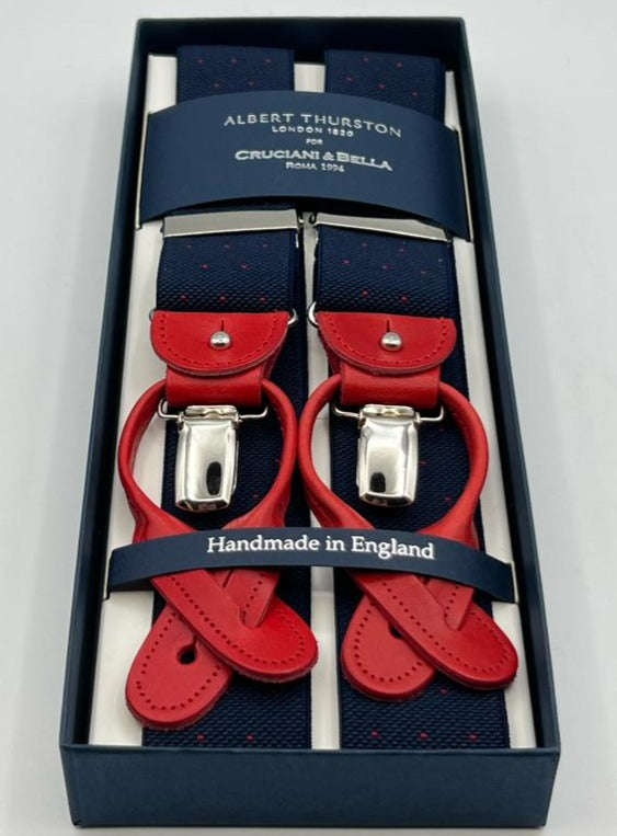 Albert Thurston for Cruciani & Bella Made in England 2 in 1 Adjustable Sizing 35 mm elastic braces Blue, Red Pin Point Y-Shaped Nickel Fittings Size XL