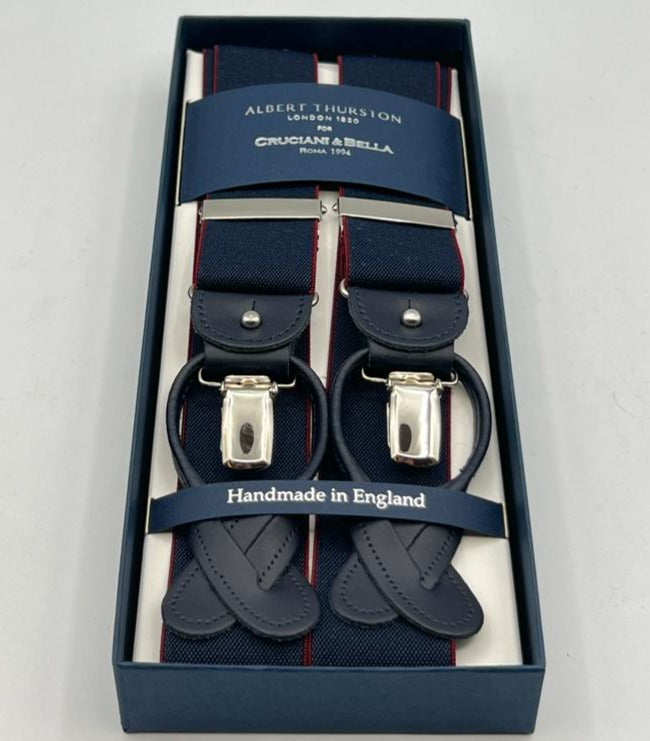 Albert Thurston for Cruciani & Bella Made in England 2 in 1 Adjustable Sizing 35 mm elastic braces Blue, Red Wine Edge Y-Shaped Nickel Fittings Size XL