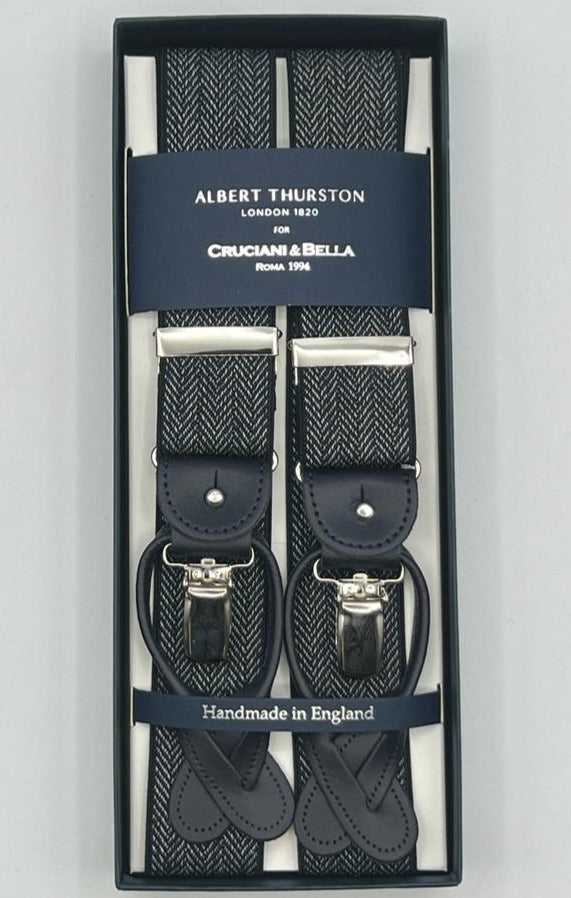 Albert Thurston for Cruciani & Bella Made in England 2 in 1 Adjustable Sizing 35 mm elastic braces Blue, White Harringbone Y-Shaped Nickel Fittings Size XL