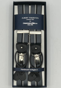 Albert Thurston for Cruciani & Bella Made in England 2 in 1 Adjustable Sizing 35 mm elastic braces Grey, Blue and White Stripes Y-Shaped Nickel Fittings Size Large