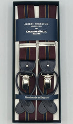 Albert Thurston for Cruciani & Bella Made in England 2 in 1 Adjustable Sizing 35 mm elastic braces Red Wine, Blue and Ocra Stripes Y-Shaped Nickel Fittings Size XL