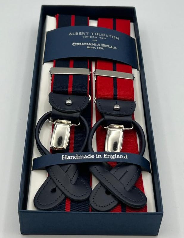 Albert Thurston for Cruciani & Bella Made in England 2 in 1 Adjustable Sizing 35 mm elastic braces Red and Blue Fancy Stripes Y-Shaped Nickel Fittings Size XL