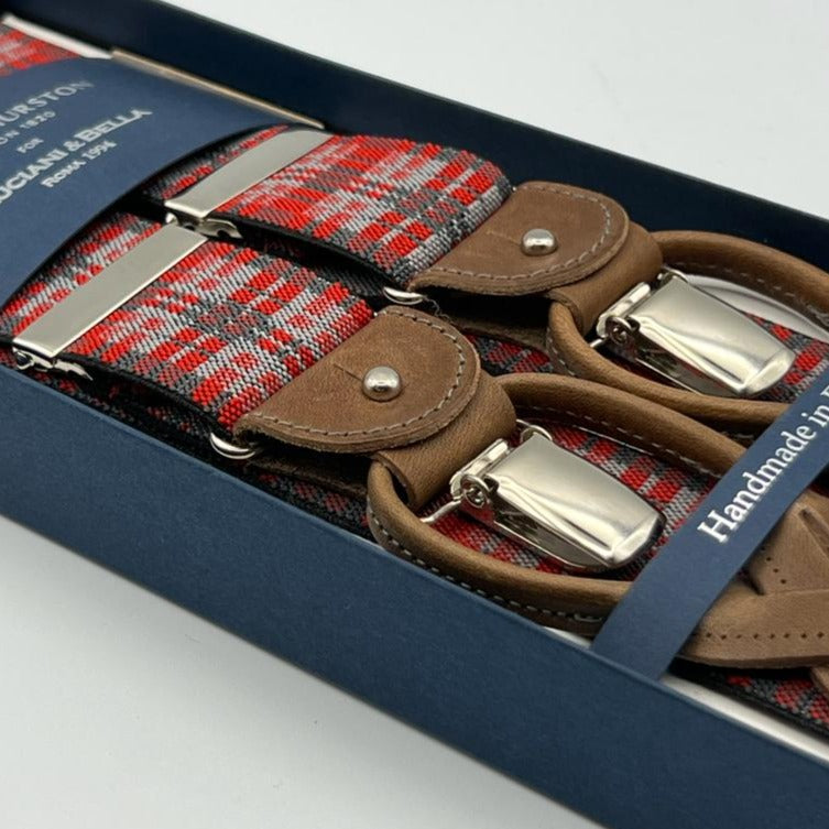 Albert Thurston for Cruciani & Bella Made in England 2 in 1 Adjustable Sizing 35 mm elastic braces Red and Grey Tartan Y-Shaped Nickel Fittings
