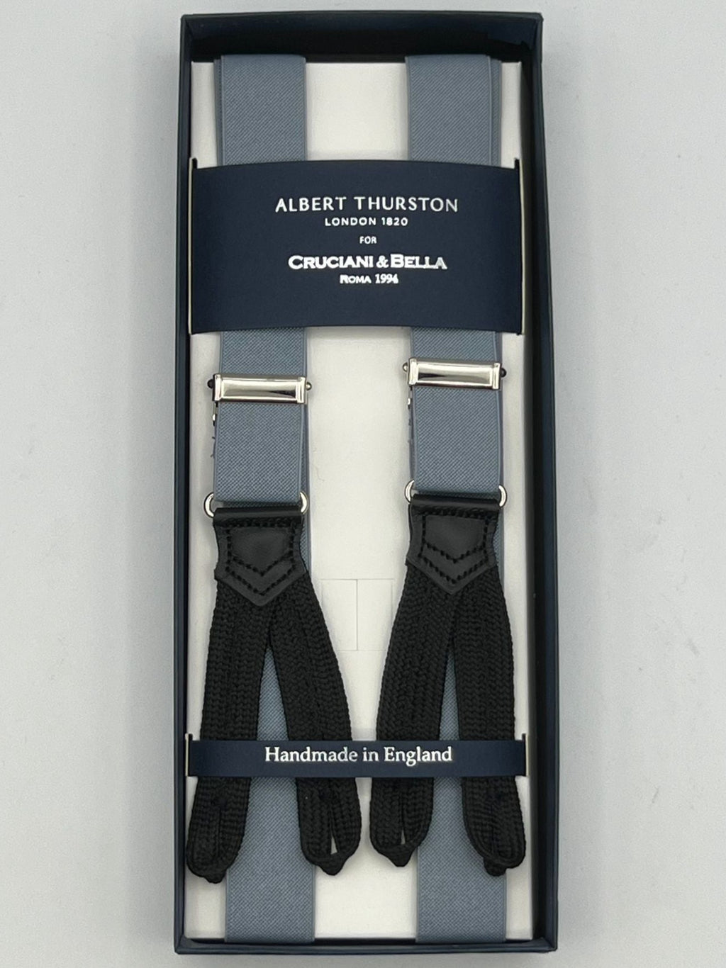 Albert Thurston for Cruciani & Bella Made in England Adjustable Sizing 25 mm elastic braces Grey plain  Braid ends Y-Shaped Nickel Fittings Size: XL