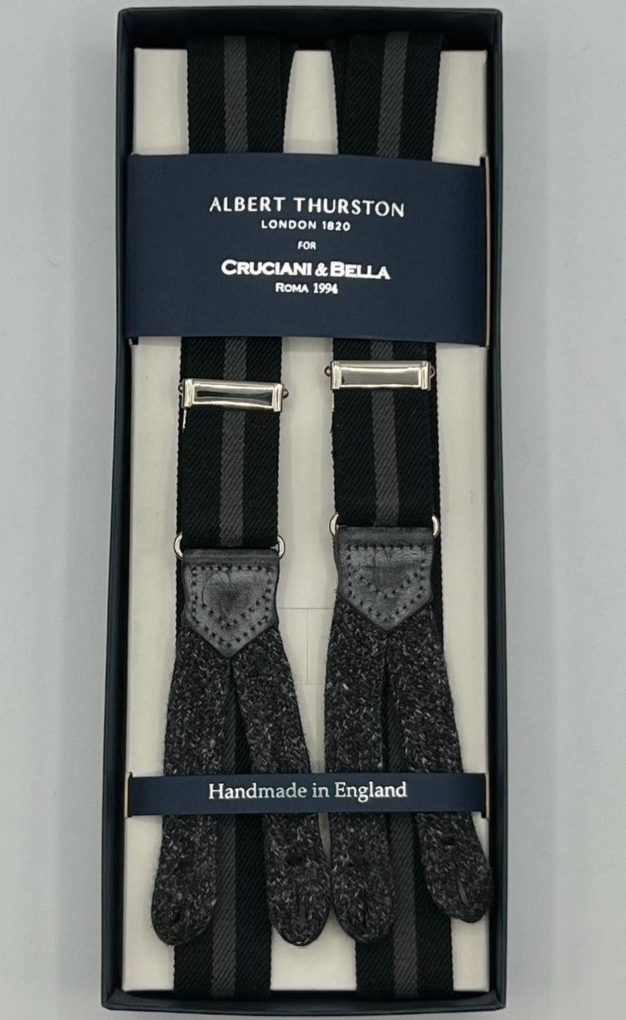 Albert Thurston for Cruciani & Bella Made in England Adjustable Sizing 25 mm elastic braces Black and Grey Stripe Braid ends Y-Shaped Nickel Fittings Size: L