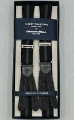 Albert Thurston for Cruciani & Bella Made in England Adjustable Sizing 25 mm elastic braces Black and Grey Stripe Braid ends Y-Shaped Nickel Fittings Size: L