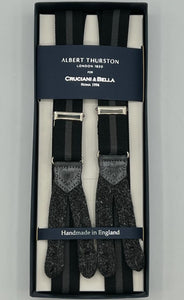 Albert Thurston for Cruciani & Bella Made in England Adjustable Sizing 25 mm elastic braces Black and Grey Stripe Braid ends Y-Shaped Nickel Fittings Size: L