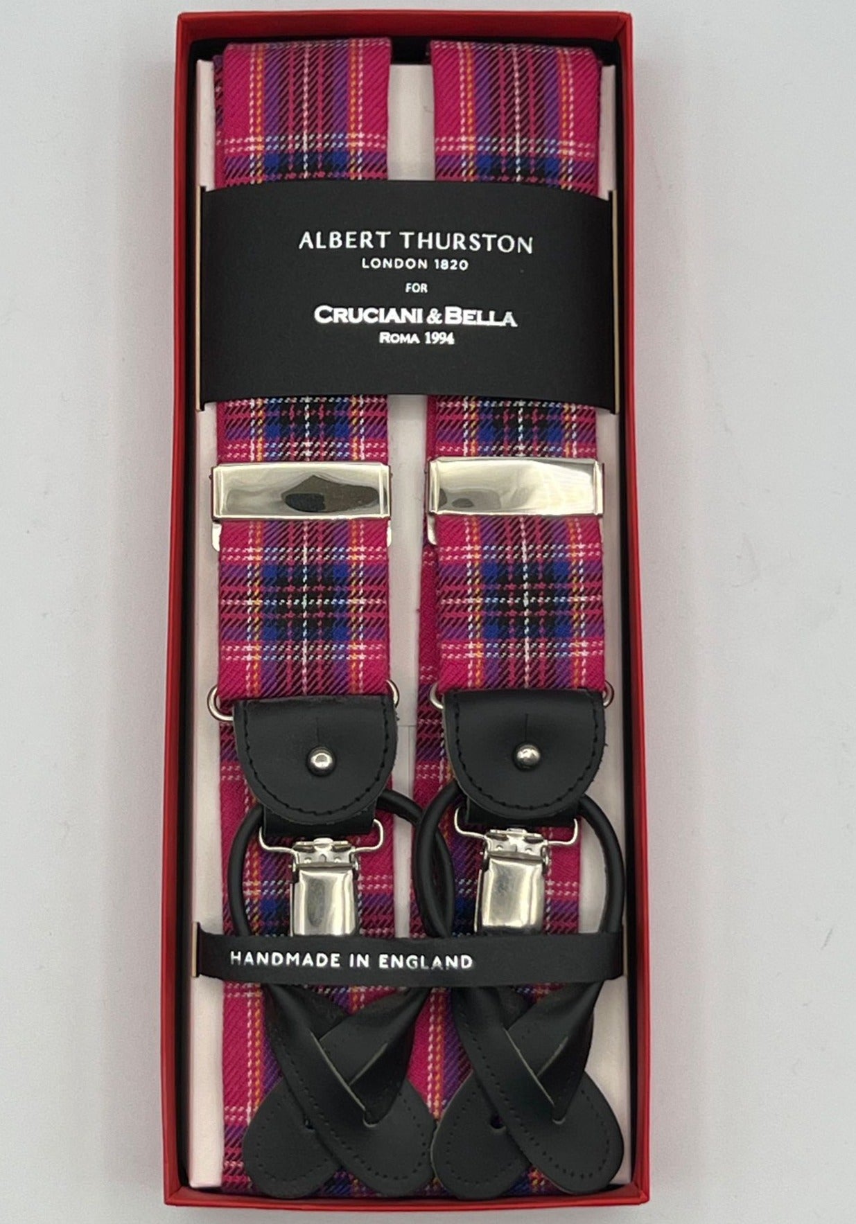 Albert Thurston for Cruciani & Bella Made in England 2 in 1 Adjustable Sizing 25 mm wool braces Pink tartan Y-Shaped Nickel Fittings Size: XL #3699