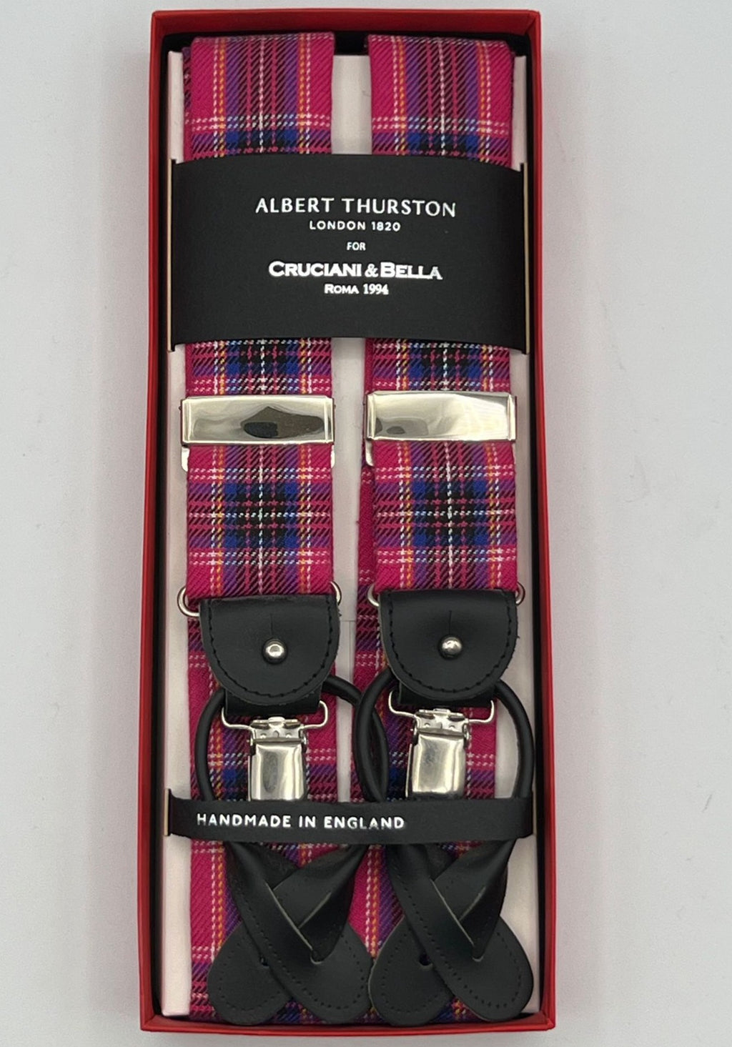Albert Thurston for Cruciani & Bella Made in England 2 in 1 Adjustable Sizing 25 mm wool braces Pink tartan Y-Shaped Nickel Fittings Size: XL #3699