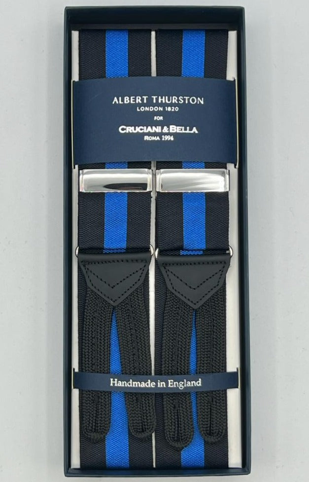 Albert Thurston for Cruciani & Bella Made in England Adjustable Sizing 40 mm Woven Barathea  Black and Blue Stripes Braces Braid ends Y-Shaped Nickel Fittings Size: XL
