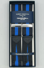 Albert Thurston for Cruciani & Bella Made in England Adjustable Sizing 40 mm Woven Barathea  Black and Blue Stripes Braces Braid ends Y-Shaped Nickel Fittings Size: XL