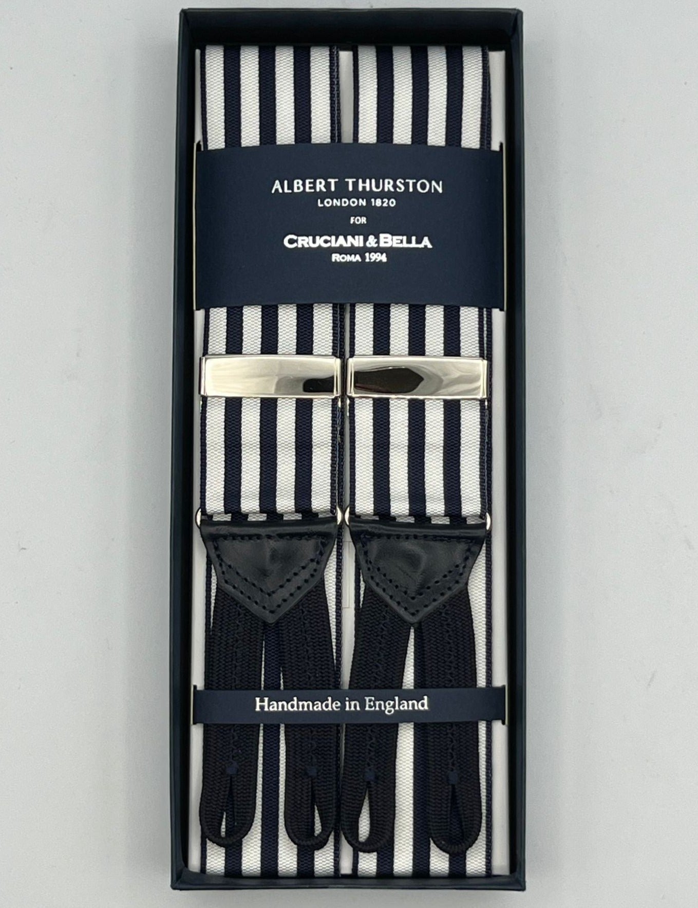 Albert Thurston for Cruciani & Bella Made in England Adjustable Sizing 40 mm Woven Barathea  Blue and White Stripes Braces Braid ends Y-Shaped Nickel Fittings Size: XL