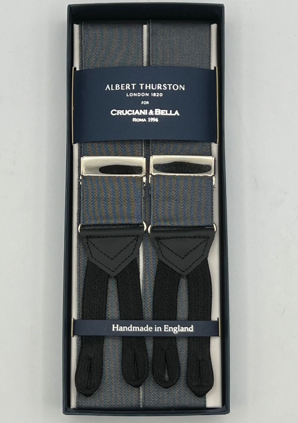 Albert Thurston for Cruciani & Bella Made in England Adjustable Sizing 40 mm Woven Barathea  Bright grey  Braces Braid ends Y-Shaped Nickel Fittings Size: XL