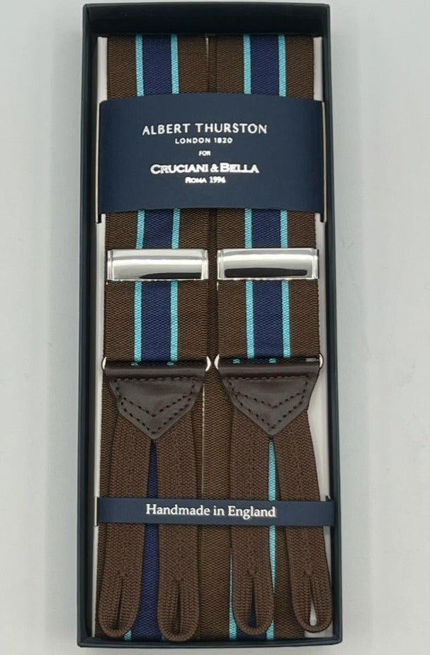 Albert Thurston for Cruciani & Bella Made in England Adjustable Sizing 40 mm Woven Barathea  Brown, Blue and Light Blue Stripes  Motif  Braces Y-Shaped Nickel Fittings Size: XL