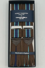 Albert Thurston for Cruciani & Bella Made in England Adjustable Sizing 40 mm Woven Barathea  Brown, Blue and Light Blue Stripes  Motif  Braces Y-Shaped Nickel Fittings Size: XL